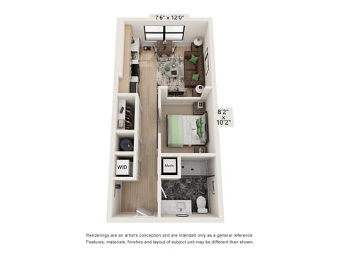 Floor plan for 1 bed, 1 bath, 517 sqft
